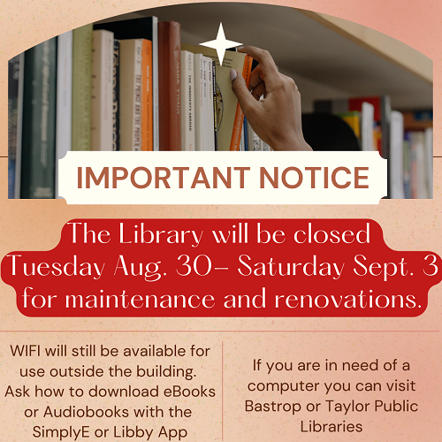 Library closed August 30th-September 3rd for renovation and maintenance